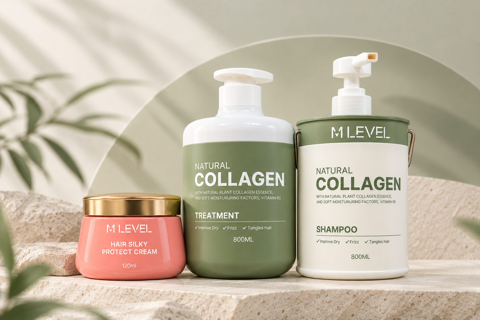 M LEVEL Collagen hair care products in a natural lifestyle setting